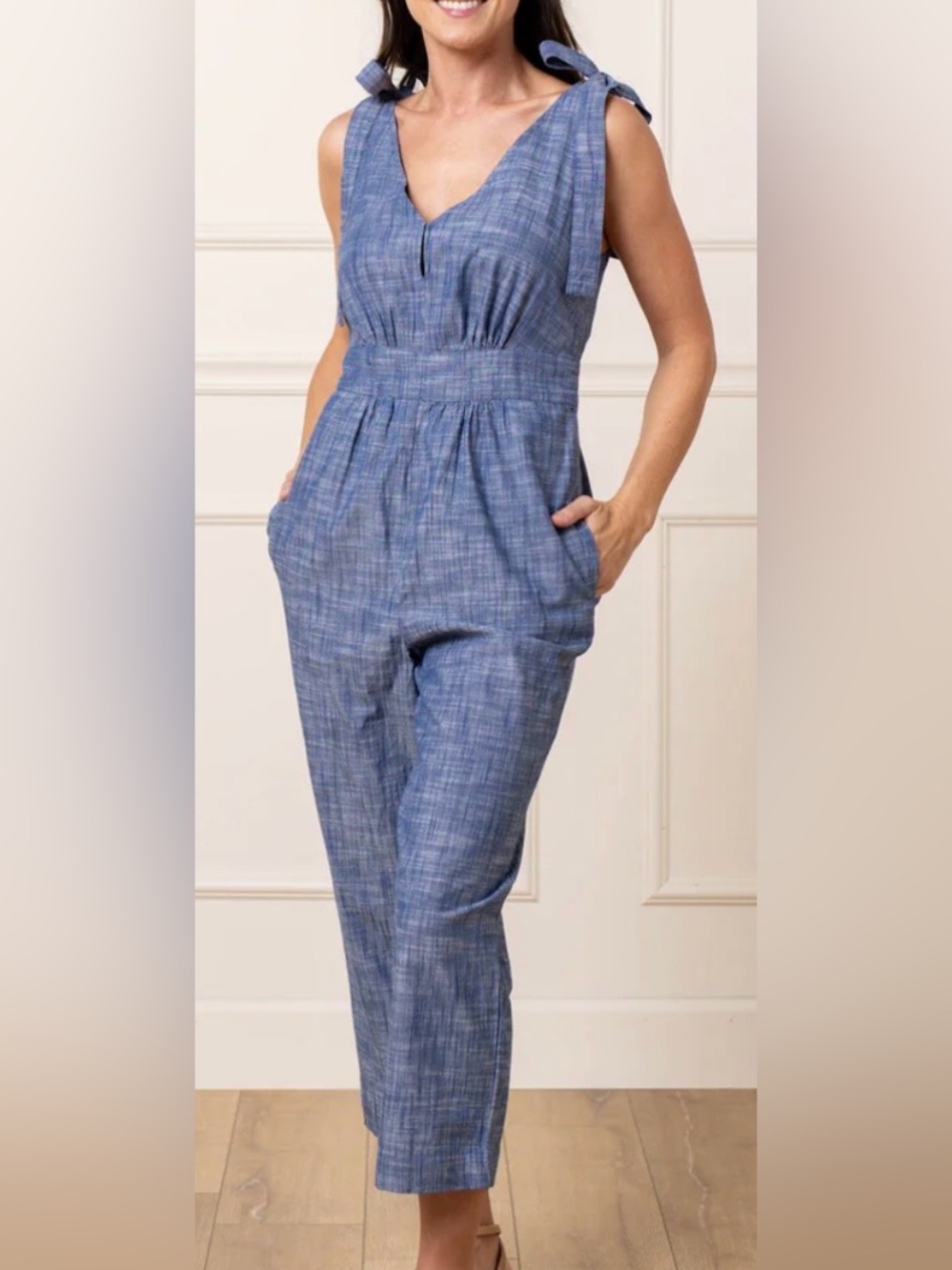 Hope & Henry Bow Shoulder Organic Blue Chambray Jumpsuit Size 2